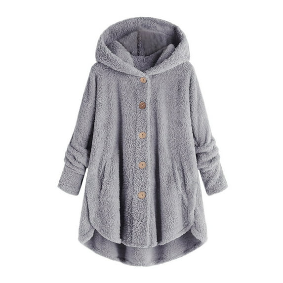 Trench Coats for Women Plus Size Buttons Fleece Plush Casual Hoodies Loose Cardigan Wool Coat Winter Jacket(Gray,4XL)