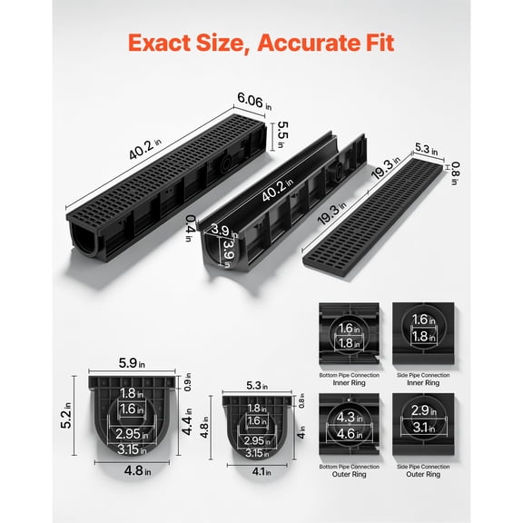Trench Drain, 40.2 x 6.6 x 5.5 in, 3 Pack Linear Drainage Channel, HDPE Channel Drain with Grates & End Caps, Premium Outdoor Drainage System for Driveway, Patio, Pool, Garden, Yard, Black