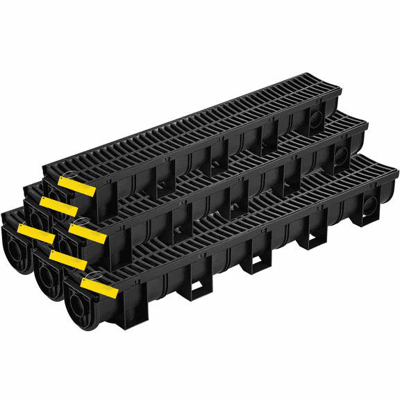 Trench Drain System 6-Pack, 39 Inch Channel Drain with Grate, HDPE Drainage Trench, Black Garage Floor Drain, B125 Load Capacity for Driveway, Garden
