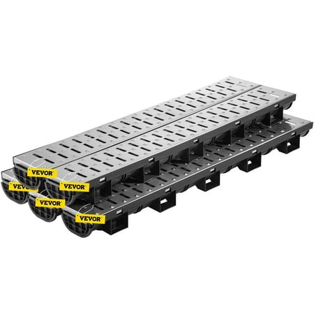 "5-Pack Trench Drain System, 5.7x3.1-Inch HDPE Channel Drain with Metal Grate, Black Plastic Garage/Driveway Floor Drain, 5x39 Grate, 5 End Caps, for Garden, Yard, Patio"