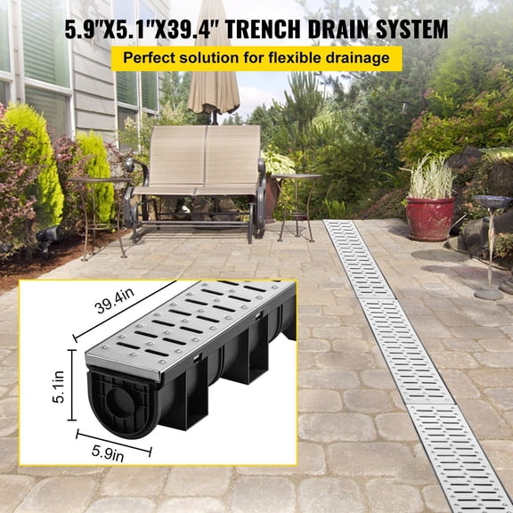 Trench Drain System,Channel Drain with Metal Grate,5.9x5.1-"HDPE Drainage Trench,Black Plastic Garage Floor Drain,3x39 Trench Drain Grate,with 3 End Caps,for Garden,Driveway-3 Pack