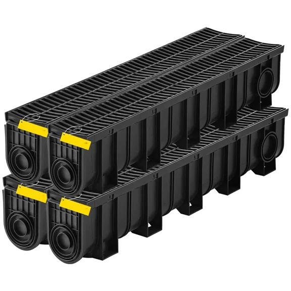 Trench Drain System Channel Drain With Plastic Grate 5.9x7.5 Inch Drainage Trench Black Plastic Garage Floor Drain 4x39 Trench Drain Grate With 4 End Caps For Garden And Driveway 4 Pack