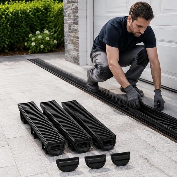 Trench Drain System, HDPE with Plastic Grate, 3 Pack, 39.4 In, Black, for Garage, Driveway, Garden