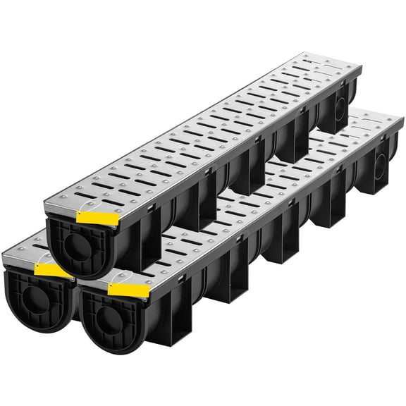 Trench Drain System with Metal Grate, 5.9x5.1-Inch HDPE Channel Drain, 3x39" Kit for Driveway & Garden, 3-Pack
