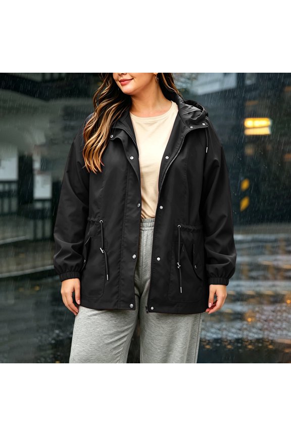 Trench Jackets Women Hooded Front Zip Long Sleeve Outwear Waterproof Outdoor Hiking Winter Coat With Pockets (5XL, Black)