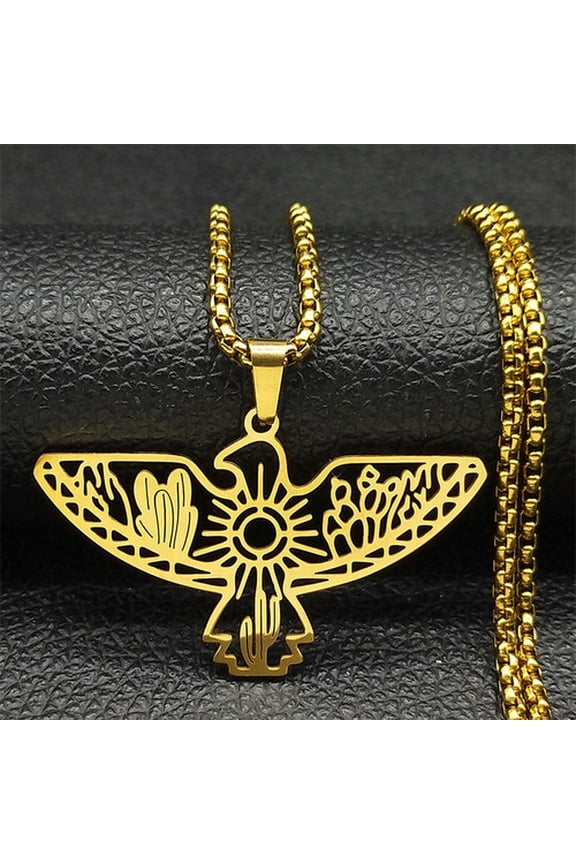Trend Bohemia Eagle Cactus Sun14K Yellow Gold Necklace for Women Men Animal Lover Scenery Necklaces Jewelry