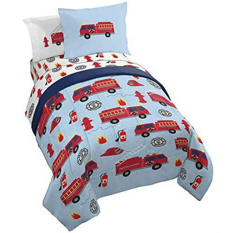 Trend Collector Twin Size Kids Comforter Set Blue 5 Piece Fire Truck Bedding 100 Microfiber Sheets Walmart