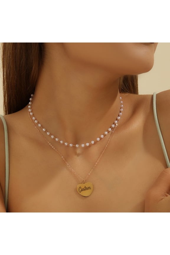 Trend Elegant Multi-layered Imitation Pearl Chain Custom Engrave Letters Name Heart Pendant Necklace Wedding Jewelry