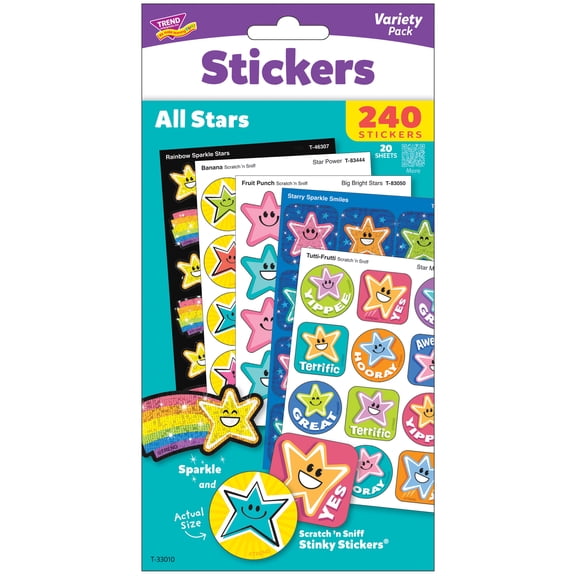 TREND: Scratch 'N Sniff: All Stars - 240ct Scented Stinky Stickers Variety Pack, 20 Sheets Of Colorful Star Encouragement & Celebration Stickers