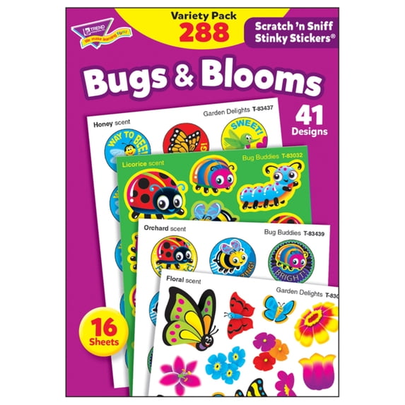 trend enterprises, inc. t-83916 bugs & blooms stinky stickers variety pack, 288/pack