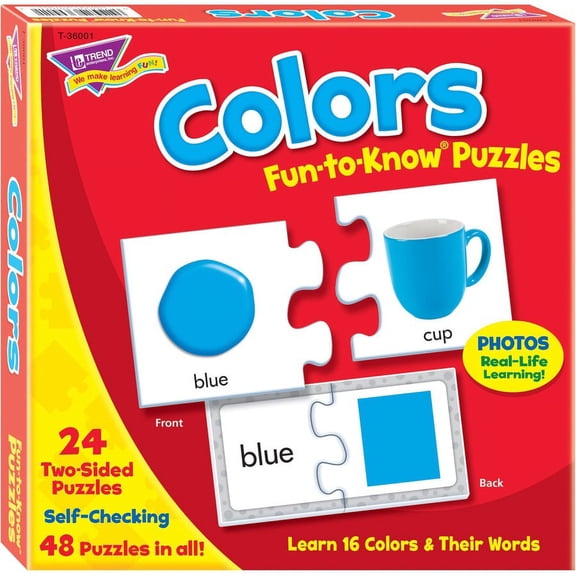 Trend Enterprises Colors 2-Piece Puzzles, 16 Assorted Colors, Set of 24
