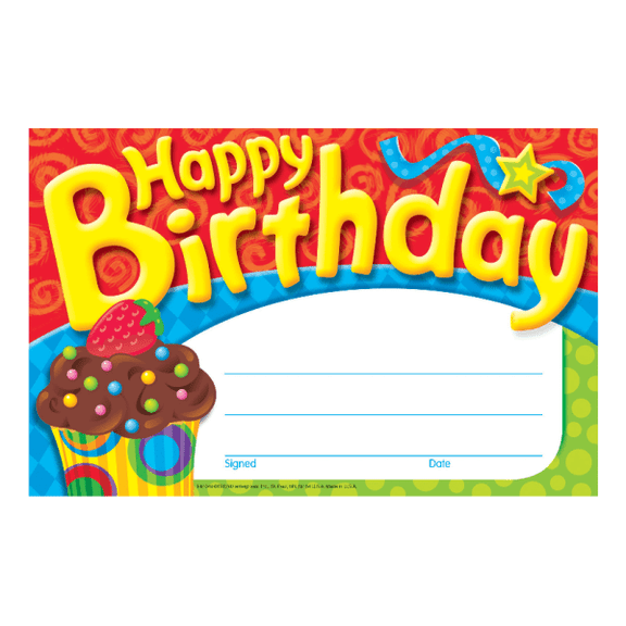 TREND Bake Shop Happy Birthday Awards, 5 1/2" x 8 1/2", Multicolor, Kindergarten - Grade 4, Pack Of 30