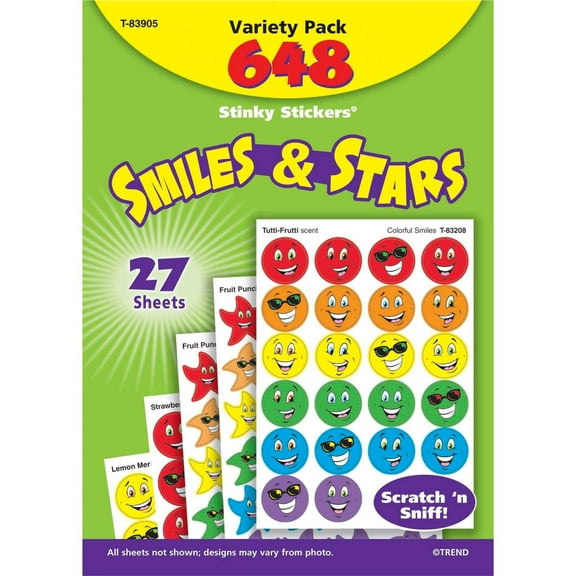 Trend Enterprises Stinky Stickers, Smiles and Stars, Variety Pack, 3/4 inch, Pack of 648
