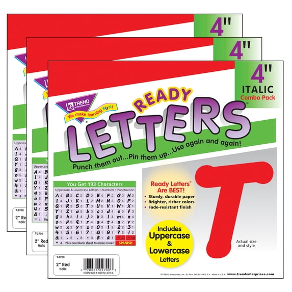 Trend Enterprises TREND 4" Italic Combo Ready Letters Red 193/Pack 3 Packs (T-2700-3)