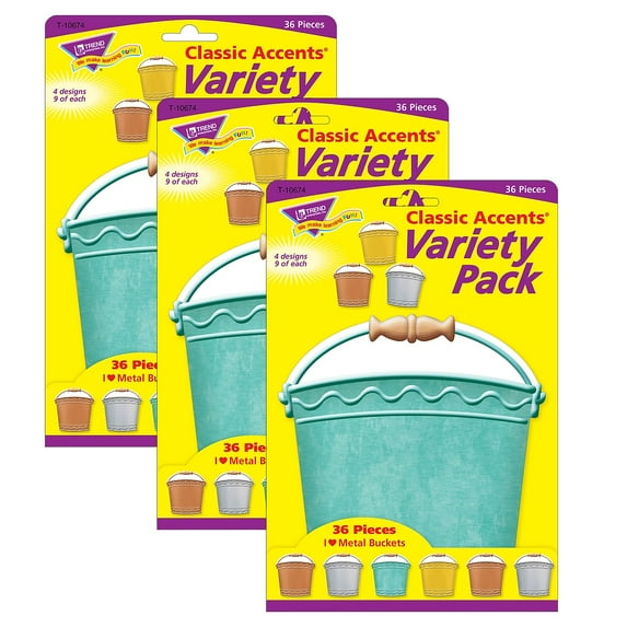 Trend Enterprises TREND I ? Metal Buckets Classic Accents Variety Pack 36 Per Pack 3 Packs