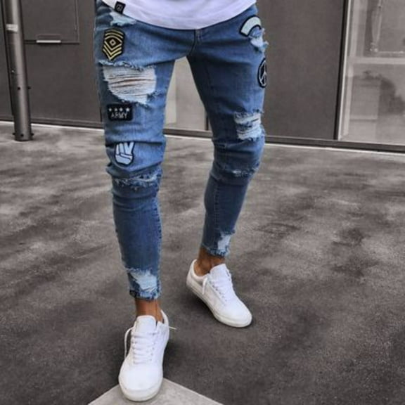 Trend Knee Hole Ripped Destoryed Personality Denim Trousers