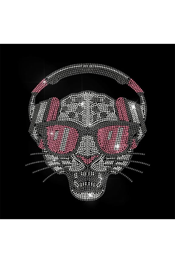Trend Leopard Rhinestone Iron on Hotfix Transfer Decal Leopard Headphones Bling DIY Patch Repair Hot Fix Applique for T-Shirt Jacket Bag Jeans Craft Clothing Accessory