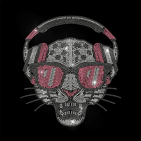 Trend Leopard Rhinestone Iron on Hotfix Transfer Decal Leopard Headphones Bling DIY Patch Repair Hot Fix Applique for T-Shirt Jacket Bag Jeans Craft Clothing Accessory
