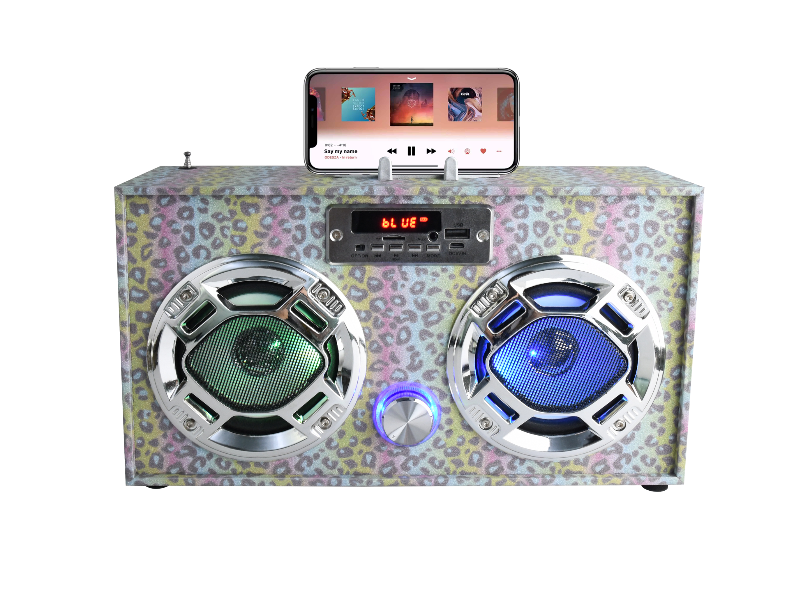 2022 Leopard Glitter Boombox with LED Speakers, Bluetooth, FM