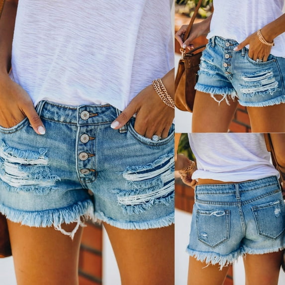 Trend ripped fringed denim shorts straight-breasted women's hot pants