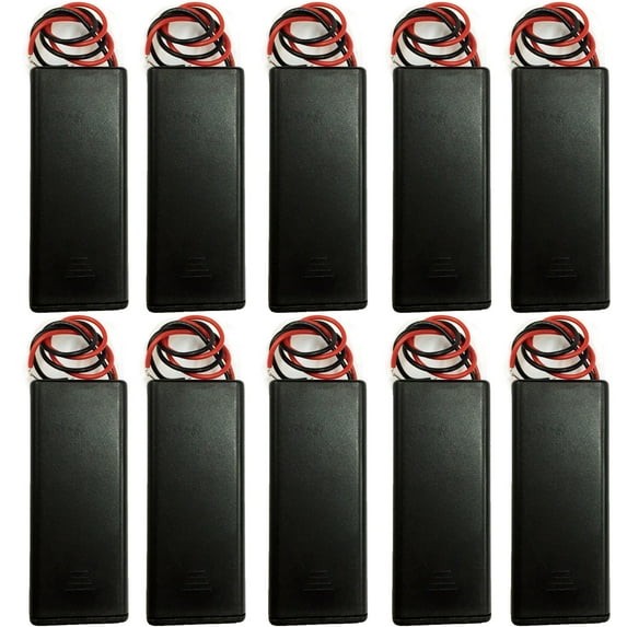 TrendBox Pack of 10pcs For 2xAAA Battery 3V LR03 ON/OFF Switch w/Cover Black Plastic Storage Case Holder Clip Type with 6" Two Wire 22AWG Spring Lead Flat Tip Container DIY