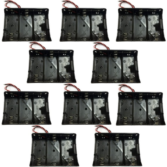 TrendBox Pack of 10pcs For 3xD Battery 1.5Vx3 4.5V Black Plastic Storage Case Holder Clip Type with 6" Two Wire 22AWG Spring Lead Flat Tip Container DIY