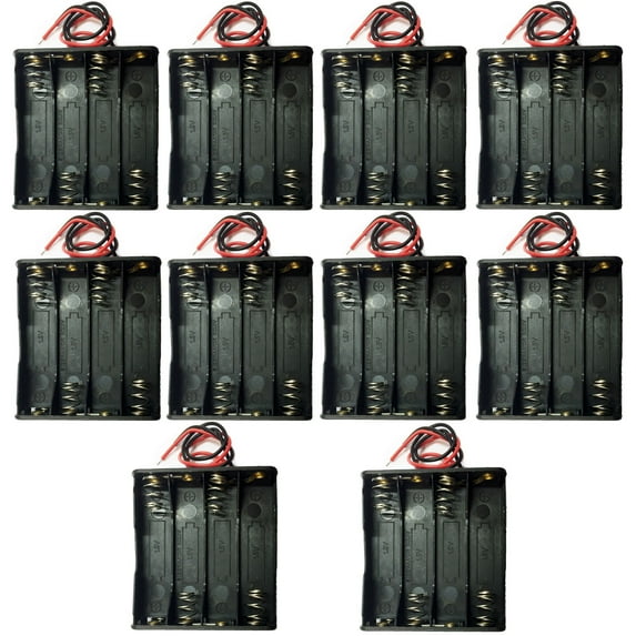 TrendBox Pack of 10pcs For 8xAAA (4x2) Battery 12V LR03 UM4 Column Black Plastic Storage Case Holder Clip Type with 6" Two Wire 22AWG Spring Lead Flat Tip Container DIY