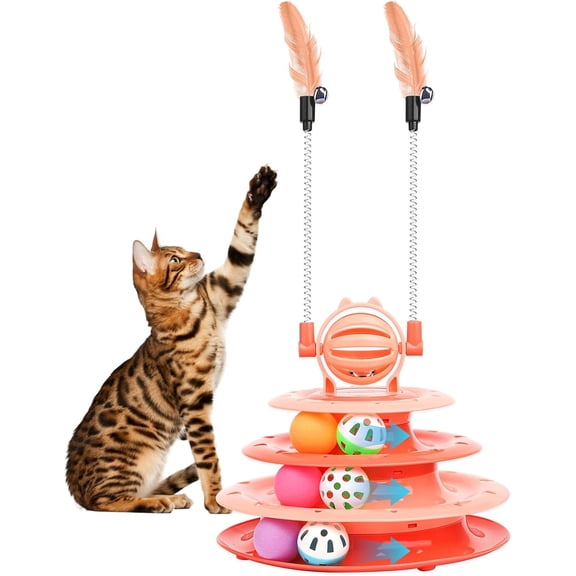 TrendMallOasis 4-Tier Cat Track Ball Toy, Interactive Puzzle with Teasing Wands