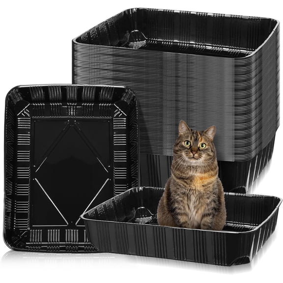 TrendMallOasis 50 Pack Disposable Cat Litter Box for Cats, Large Disposable Kitty Litter Tray Boxes 19.69 x 15.75 x 3.94 Inches Plastic Pets Pan Standard for Indoor Home Travel Portable(Black)