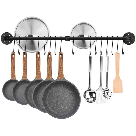 TrendMallOasis Black Wall Mounted Pot Rack (23.7"), Kitchen Utensil Hanging Rail with 10 Hooks