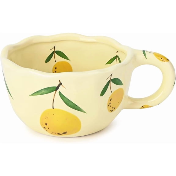 TrendMallOasis Cream Yellow Hand-Painted Lemon Pattern Ceramic Mug, 250ml Wavy Edge Multipurpose Coffee & Milk Cup
