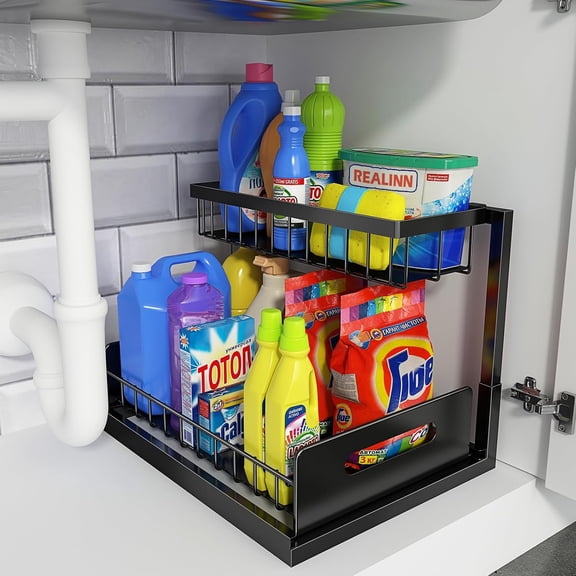 TrendMallOasis L-Shaped Under Sink Storage Organizer, 2-Tier Pull-Out Shelf for Kitchen & Bathroom