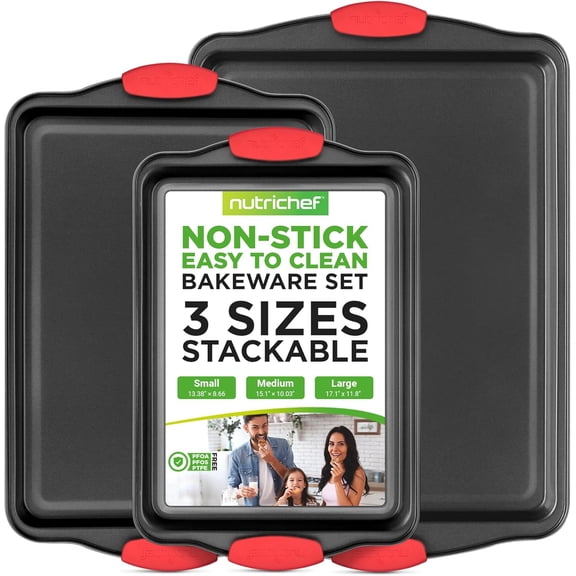 TrendMallOasis Nonstick Baking Sheet Set, 3-Piece Kitchen Oven Pans with Silicone Handles