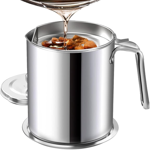 TrendMallOasis Stainless Steel Cooking Oil Keeper, 2L Grease Container with Fine Mesh Strainer & Lid