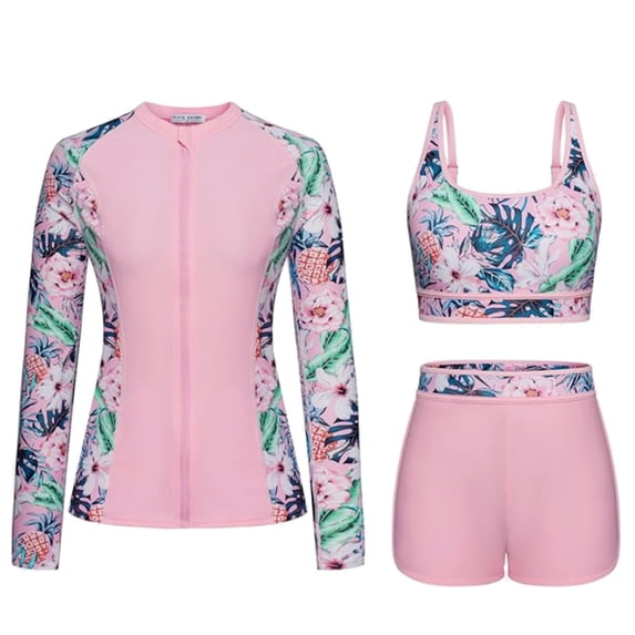 TrendOFT 3 Piece Rash Guard for Women Long Sleeve Swimsuits Bathing Suit 2026 UPF 50+ Swim Shirt with Built in Bra Shorts Pink L