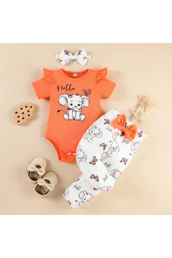 Baby Boy Outfits Set Toddler Cute Letter Elephant Printed Ribbed Romper With All Over Animal Long Pants Three Piece Casual Outfit Boys' Clothing Sets Orange
