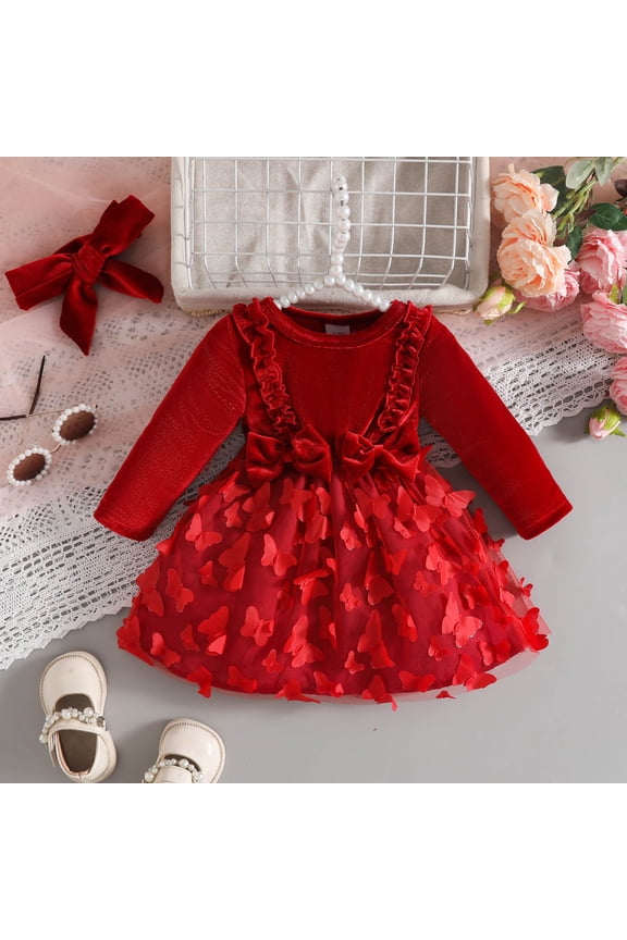 Baby Girl Dress Velvet Ruffle Long Sleeve Butterfly Fairy Dress Tulle Dresses for Party Birthday Christmas Red 6-12 Months