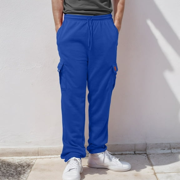 TrendOFT Baggy Cargo Sweatpants for Men Workout Joggers Stretch Sweatpants Hiking Drawstring Casual Sweat Tactical Pants with Multi Pockets Blue M