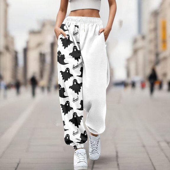 TrendOFT Baggy Halloween Sweatpants for Women Skeleton Pumpkin Print Open Bottom High Waist Joggers Athletic Gym Casual Sweat Pants White XL