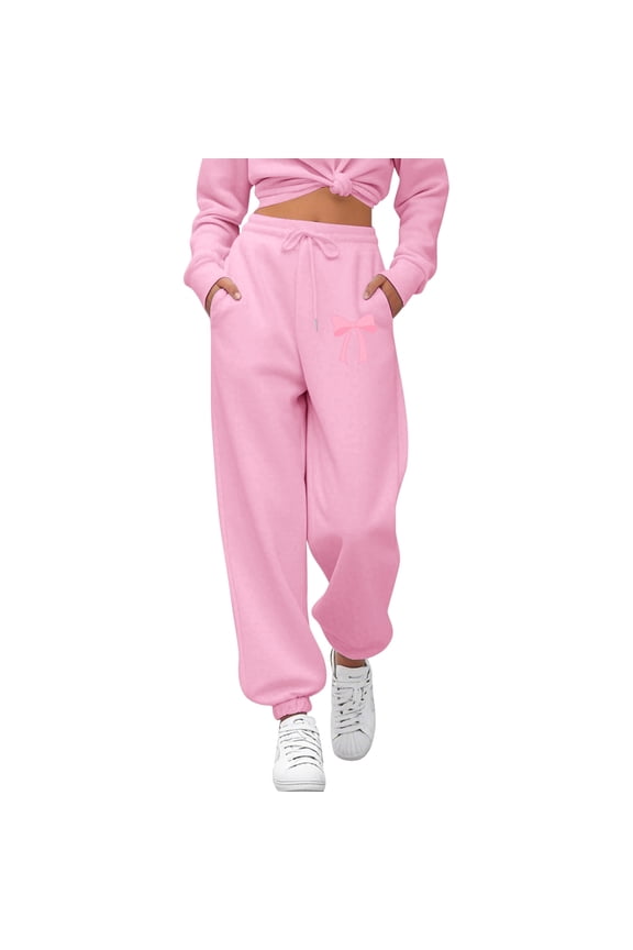 Baggy Sweatpants for Women Bow Graphic Cute Loose Fit Joggers Pants for Workout Gym Athletic Wide Leg Lounge Sweat Pants with Pocket Pink M