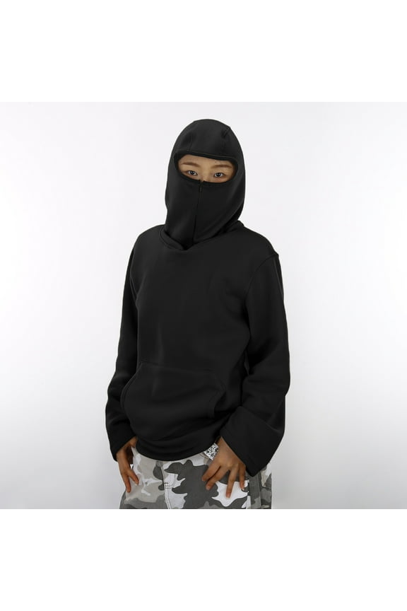Balaclava Hoodie for Boys Girls Ninja Hoodies with Mask Baggy Harajuku Hop Sweatshirt with Pockets Streewear Black