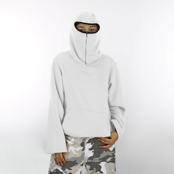TrendOFT Balaclava Hoodie for Boys Girls Ninja Hoodies with Mask Baggy Harajuku Hop Sweatshirt with Pockets Streewear White