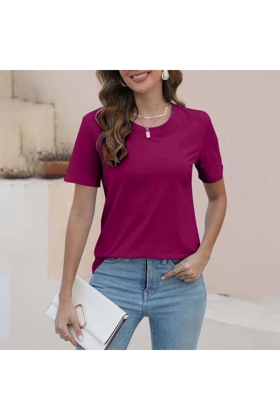 Basic T Shirts for Women Crew Neck Short Sleeve Summer Shirts Solid Loose Fit Tshirt Plain Workout Tops Undershirts Purple M