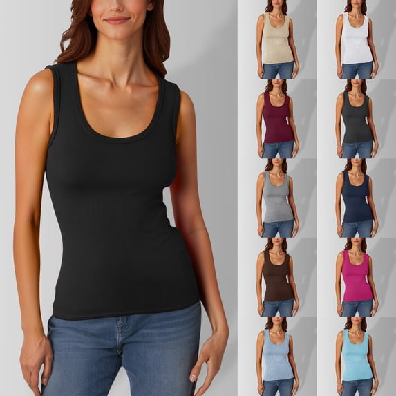 TrendOFT Basic Tank Tops for Women Undershirt Ribbed Sleeveless Scoop Neck Casual Layering Basic Tanks Top Navy XL