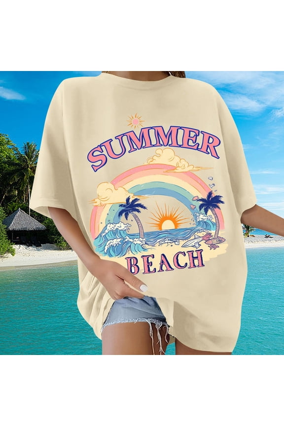 Beach Oversized T Shirts for Women Hawaiian Shirt Sunshine Graphic Tees Summer Vacation Tee Tops Beige L