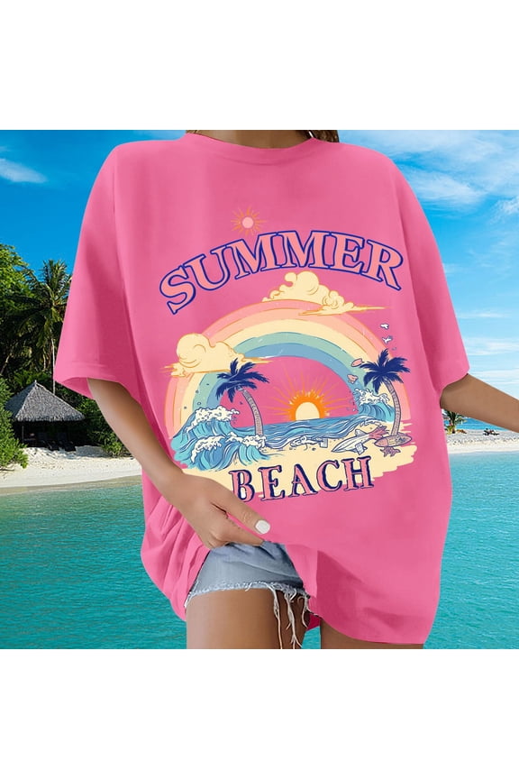 Beach Oversized T Shirts for Women Hawaiian Shirt Sunshine Graphic Tees Summer Vacation Tee Tops Hot Pink S