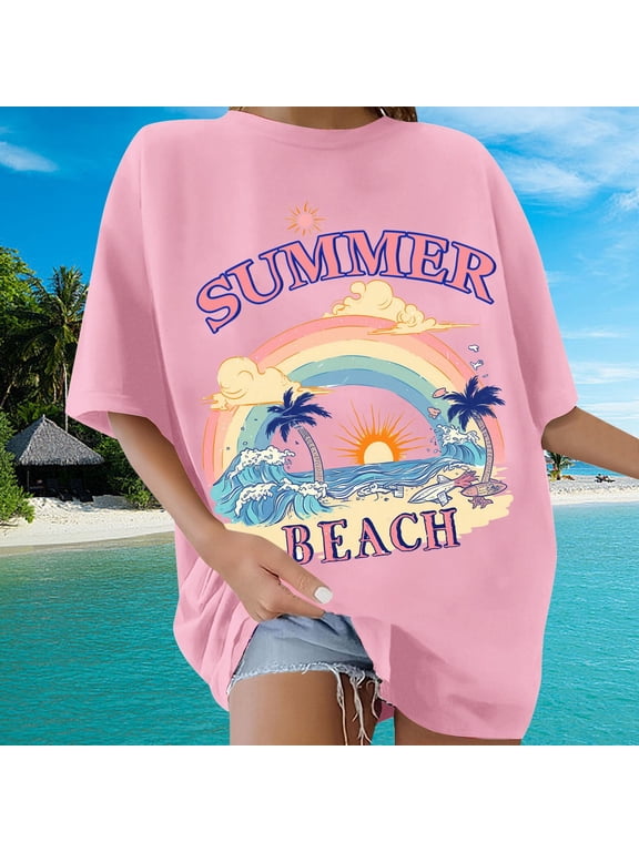 Beach Oversized T Shirts for Women Hawaiian Shirt Sunshine Graphic Tees Summer Vacation Tee Tops Pink XXL