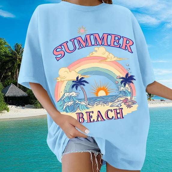 TrendOFT Beach Oversized T Shirts for Women Hawaiian Shirt Sunshine Graphic Tees Summer Vacation Tee Tops Sky Blue M
