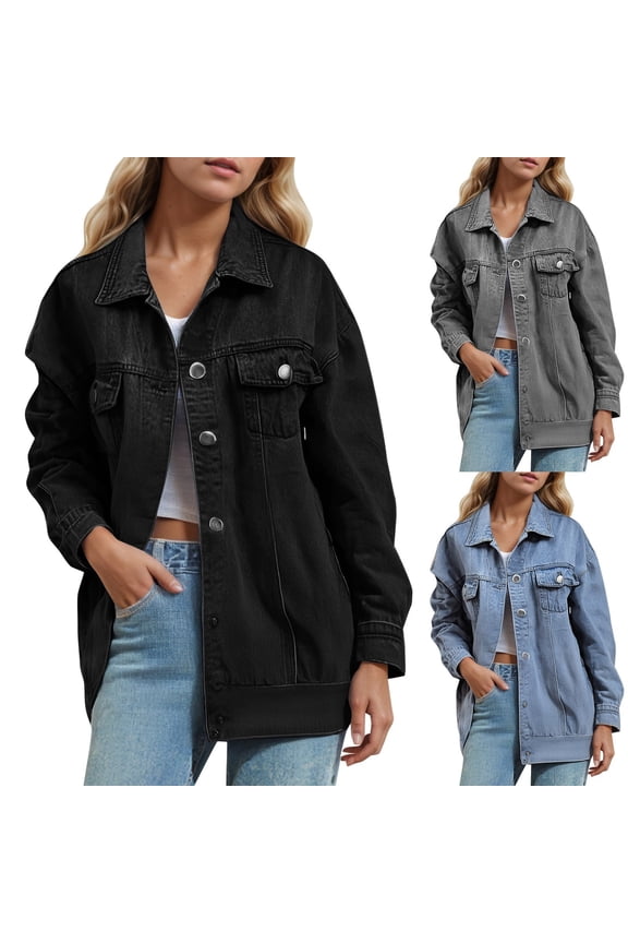 Black Denim Jacket for Women Oversized Button Up Frayed Hem Shacket Long Sleeve Pockets Jean Jacket Black L