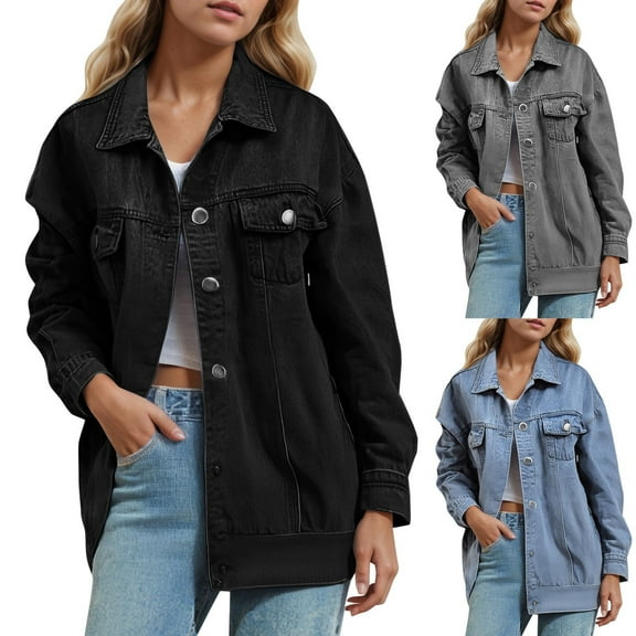 TrendOFT Black Denim Jacket for Women Oversized Button Up Frayed Hem Shacket Long Sleeve Pockets Jean Jacket Black XXL